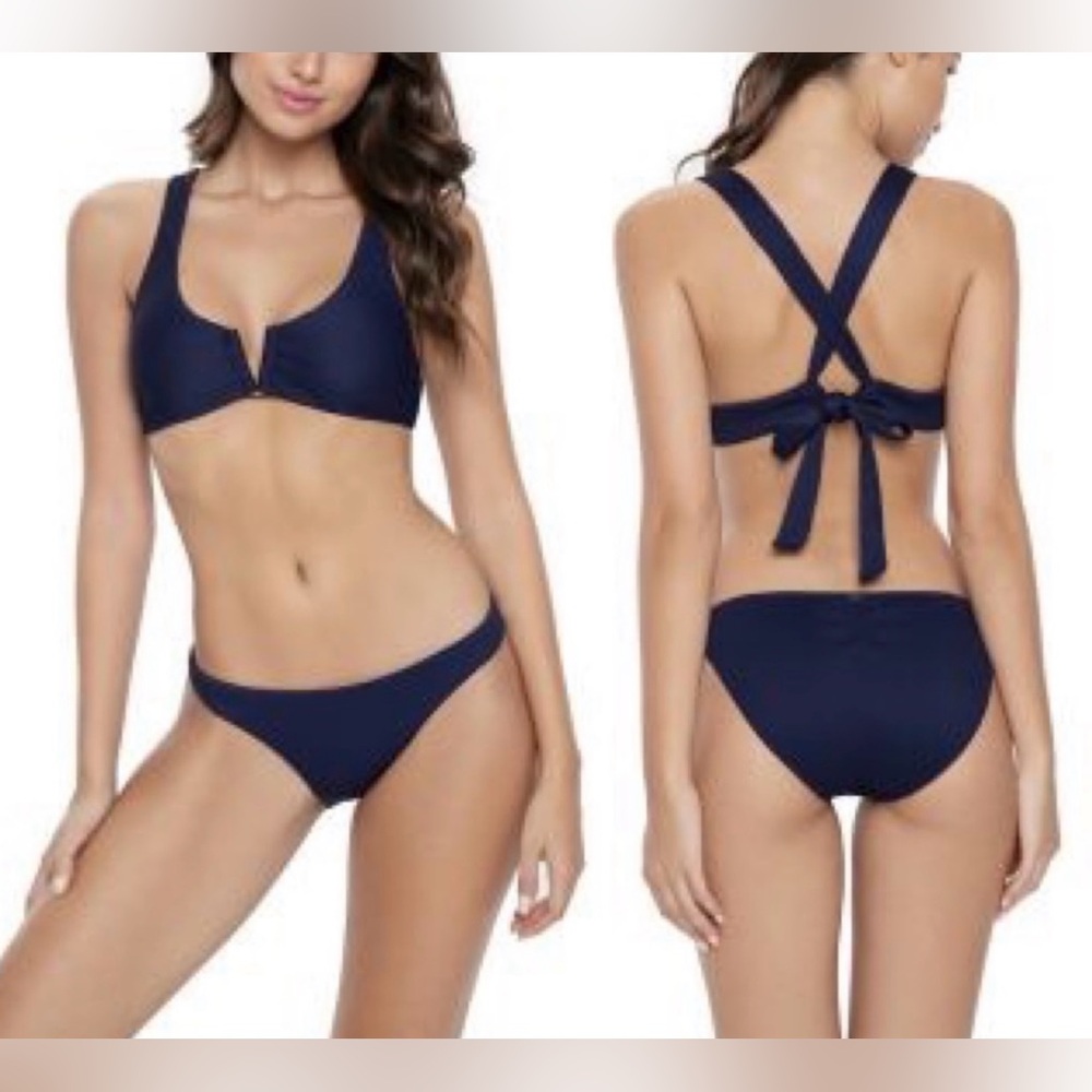 PQ SWIM Riptide V Halter Bikini Top & Basic Ruched Full Bikini Bottom Navy - new